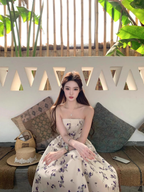 Sweet Strapless Off White Satin Print Floral A Line Long Evening Dress Birthday Dress SP2029