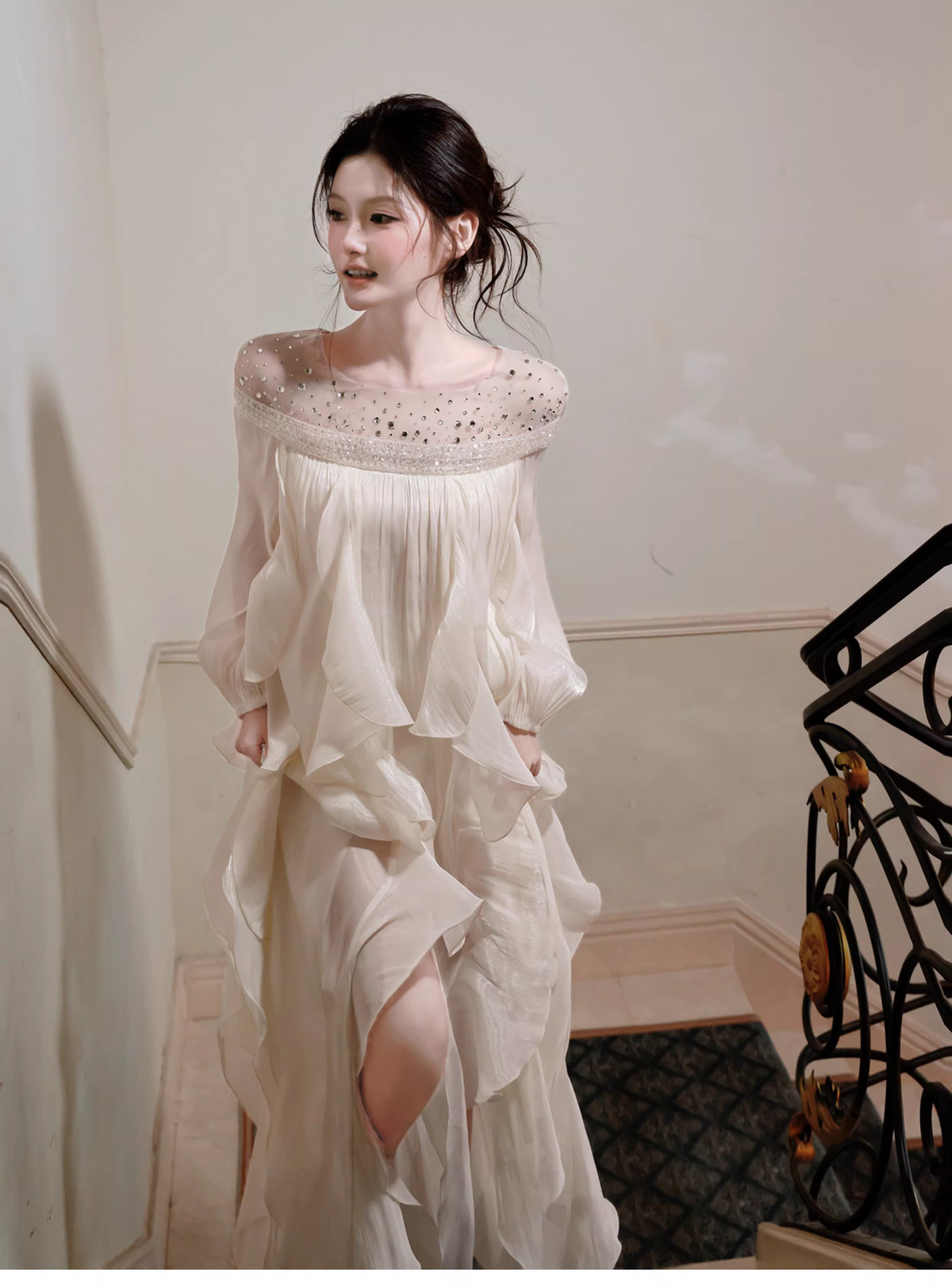 Shiny White Tulle Beaded Ruffles Long Evening Dress Birthday Outfits SP1650