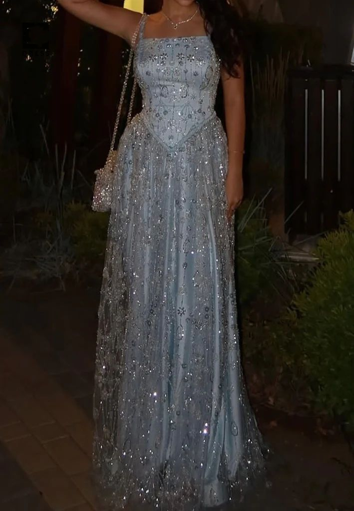 Charming Spaghetti Straps Blue Tulle Sequin Long Birthday Prom Dress Evening Gown SP1306