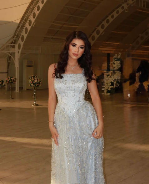 Charming Spaghetti Straps Blue Tulle Sequin Long Birthday Prom Dress Evening Gown SP1306