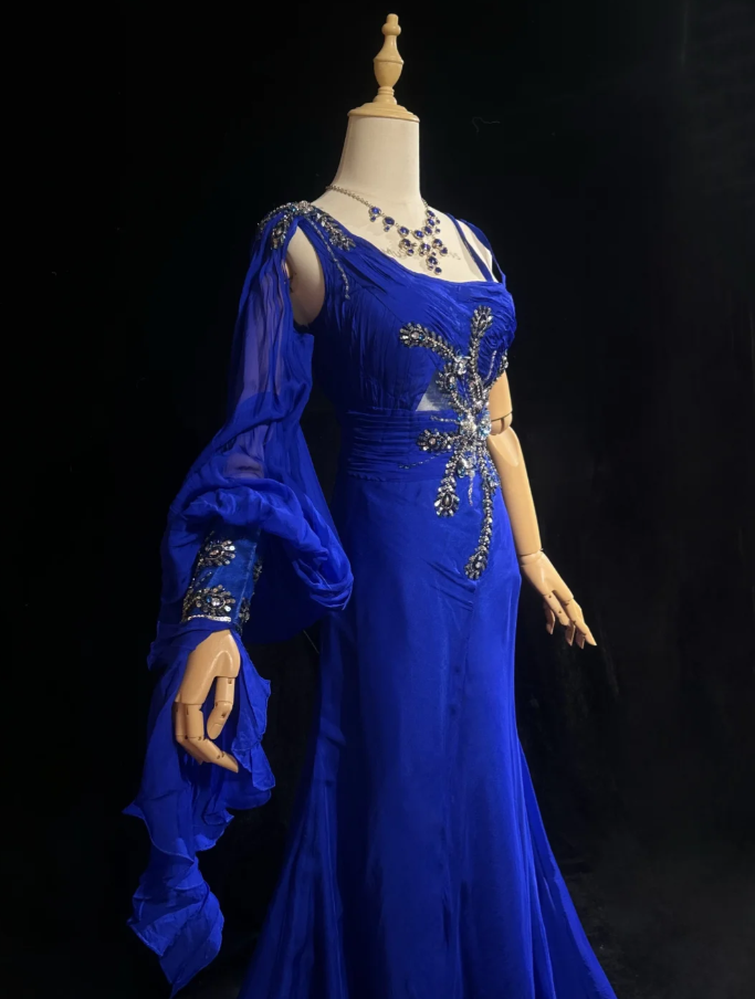 Pretty Royal Blue Chiffon Beaded Mermaid Long Evening Dress Birthday Prom Gown SP1439