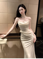 Classy Spaghetti Straps Satin Mermaid Long Wedding Guest Dress Light Apricot Party Dress SP1498