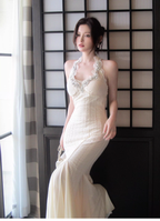Charming Light Apricot Halter Lace Beaded Mermaid Party Dress Long Birthday Prom Gown SP1497