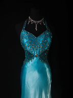 Classy Halter Blue Satin Beaded Mermaid Slit Long Prom Dress Evening Gown SP1693