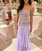 Classy Strapless Purple Chiffon Beaded Long Party Dress Evening Gown