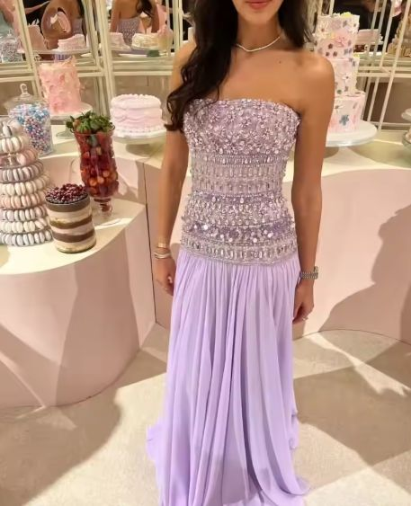 Classy Strapless Purple Chiffon Beaded Long Party Dress Evening Gown