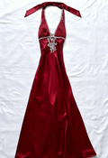 Stylish Halter Burgundy V Neck Satin Beaded Long Wedding Guest Dress Formal Party Gown