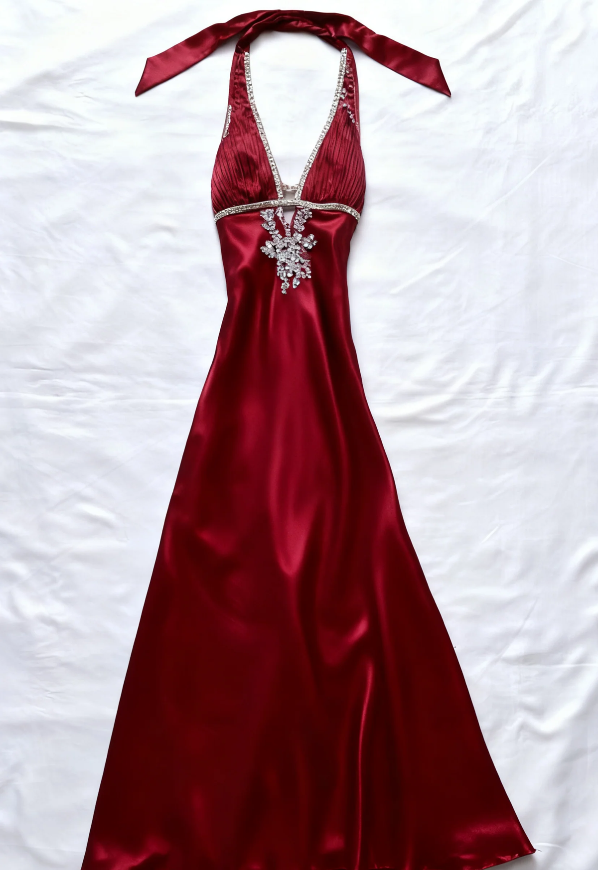 Stylish Halter Burgundy V Neck Satin Beaded Long Wedding Guest Dress Formal Party Gown