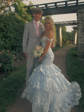 Charming Off The Shoulder Blue Tulle Lace Appliques Layered Mermaid Party Dress Long Evening Gown