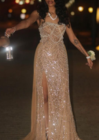 Gorgeous Champagne Strapless Tulle Sequin Slit Mermaid Prom Dress Long Evening Gown