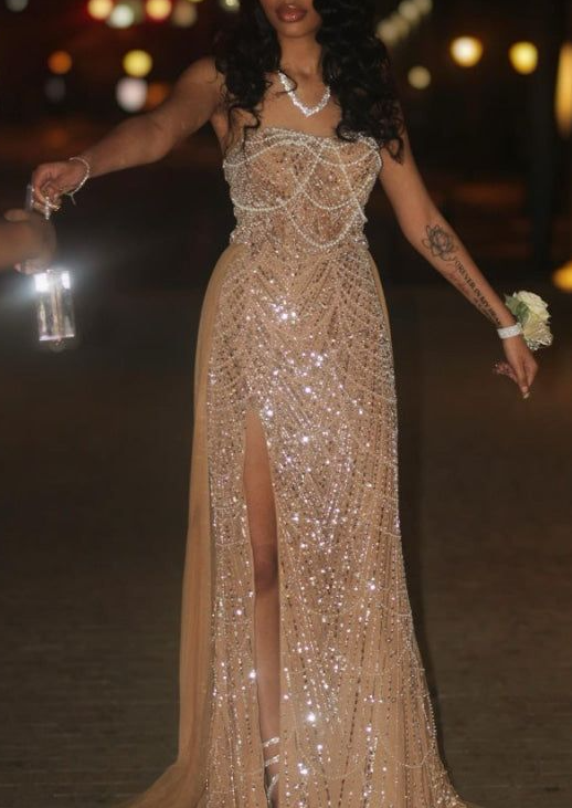 Gorgeous Champagne Strapless Tulle Sequin Slit Mermaid Prom Dress Long Evening Gown