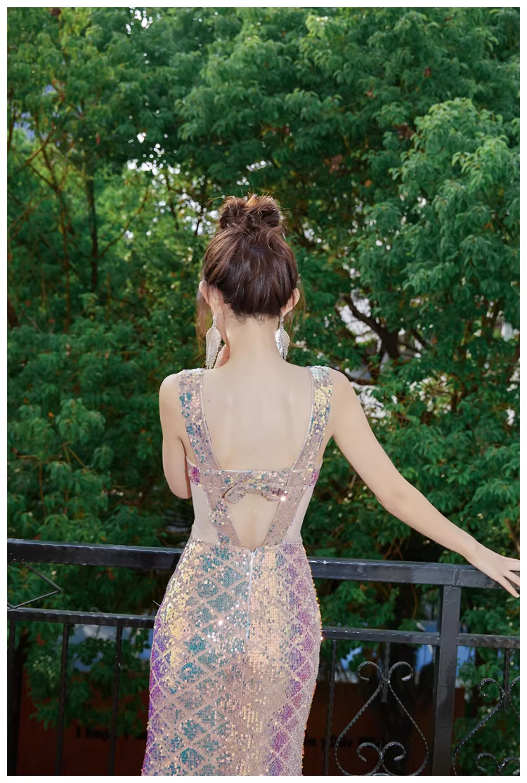 Glitter Spaghetti Straps Sequin Mermaid Long Party Dress Evening Gown With Bow