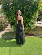 Elegant A-line Layered Tulle Black Prom Dress,Sheer Corset Long Evening Dress,Graduation Dress Y653