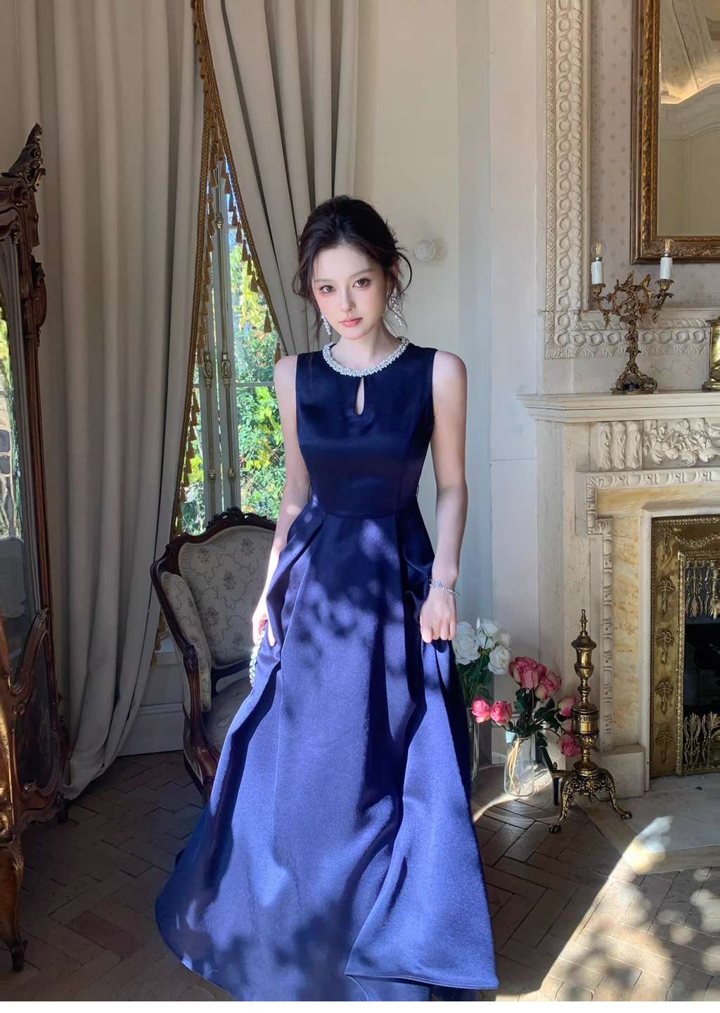 Stylish Sleeveless Navy Blue Satin Beaded A Line Long Birthday Dress Evening Gown SP1651