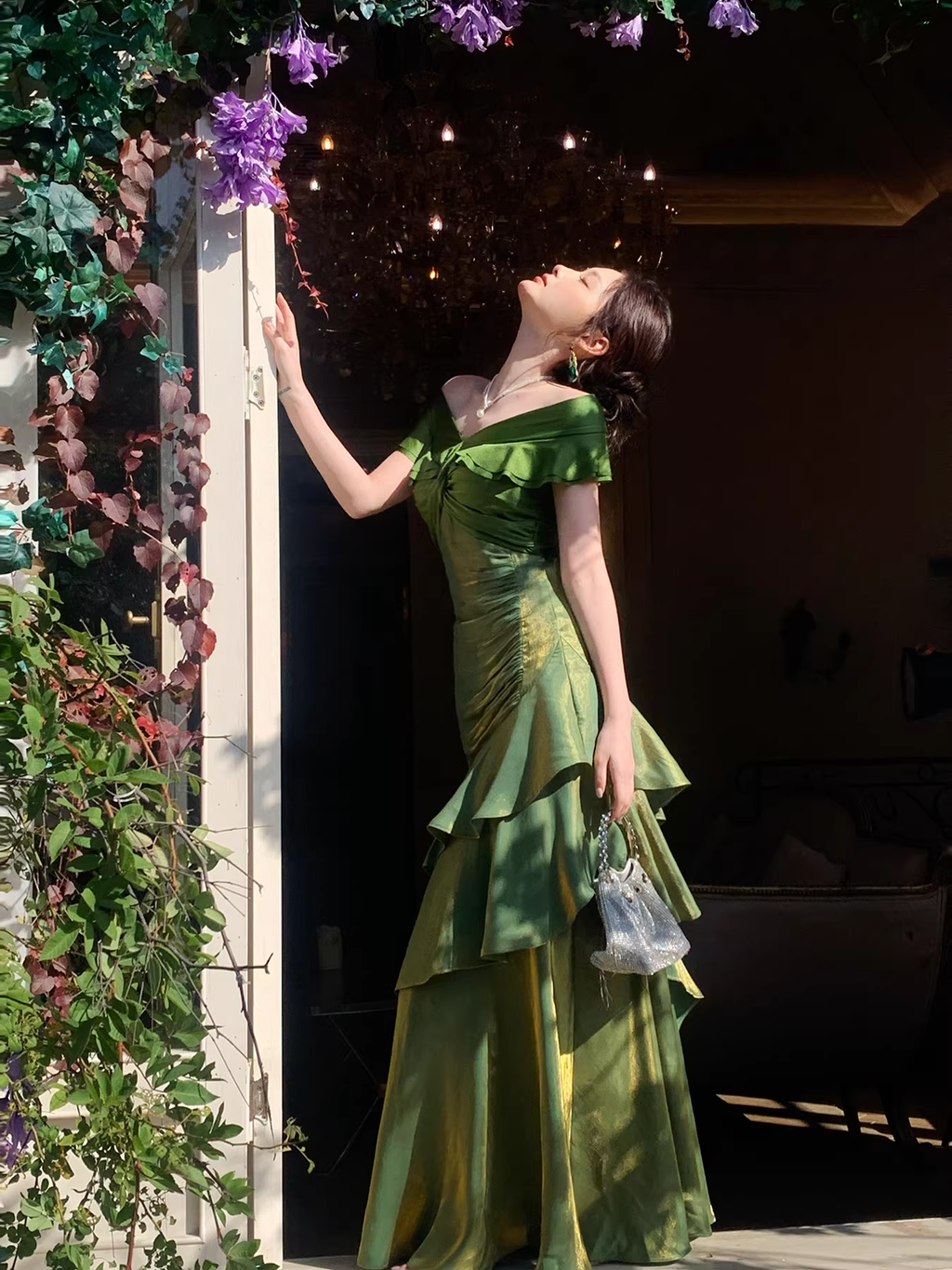 Glamorous Off The Shoulder Green Satin Ruffles Layered Mermaid Evening Dress Long Birthday Outfits SP1644