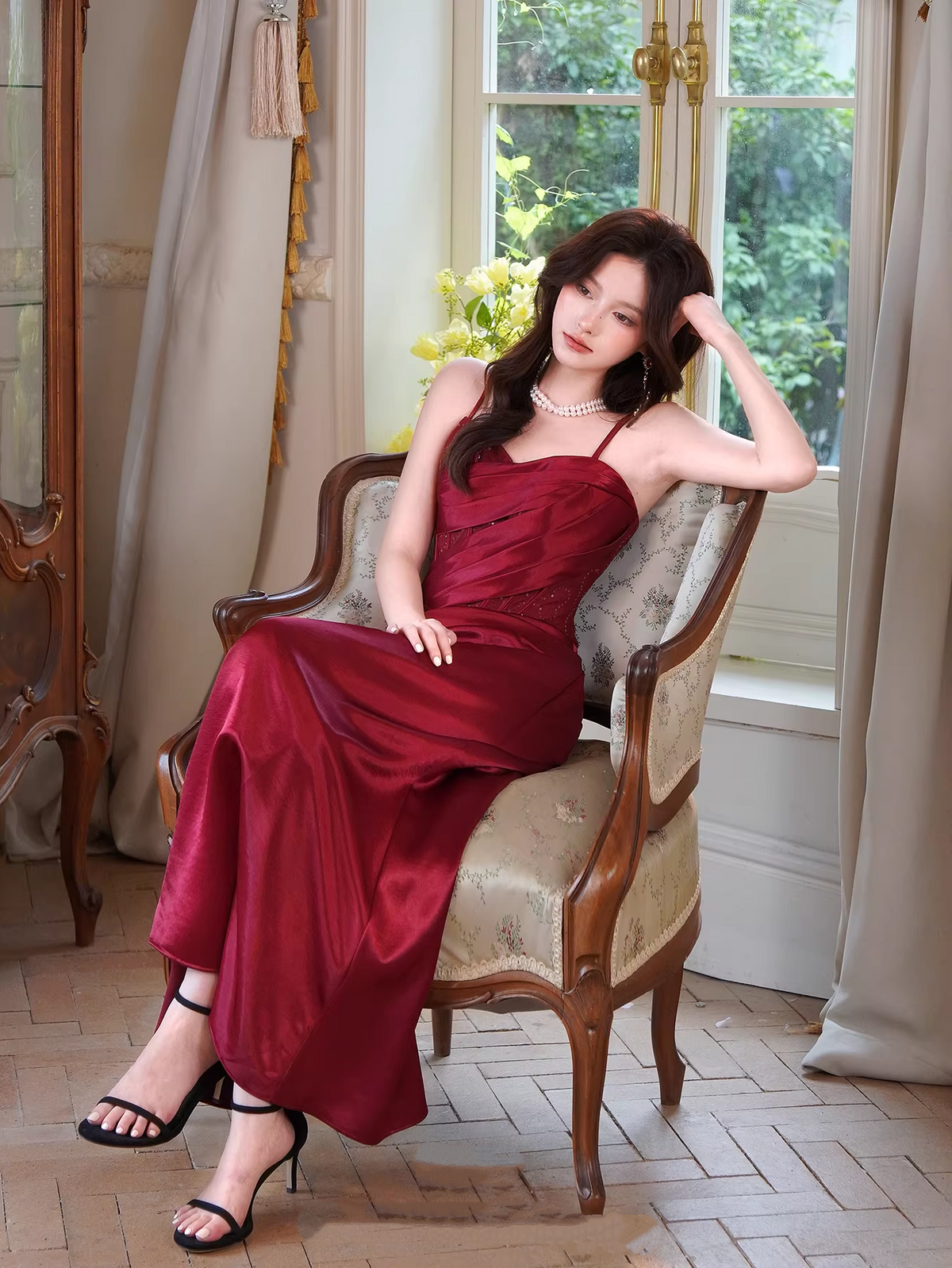 Fashion Red Spaghetti Straps Satin Pleated Mermaid Long Party Dress Birthday Dress SP2007