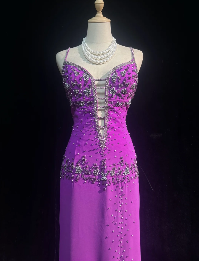 Classy Spaghetti Straps Purple Chiffon Beaded Long Wedding Guest Dress Formal Birthday Prom Dress Party Gown