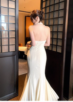 Charming Light Apricot Halter Lace Beaded Mermaid Party Dress Long Birthday Prom Gown SP1497