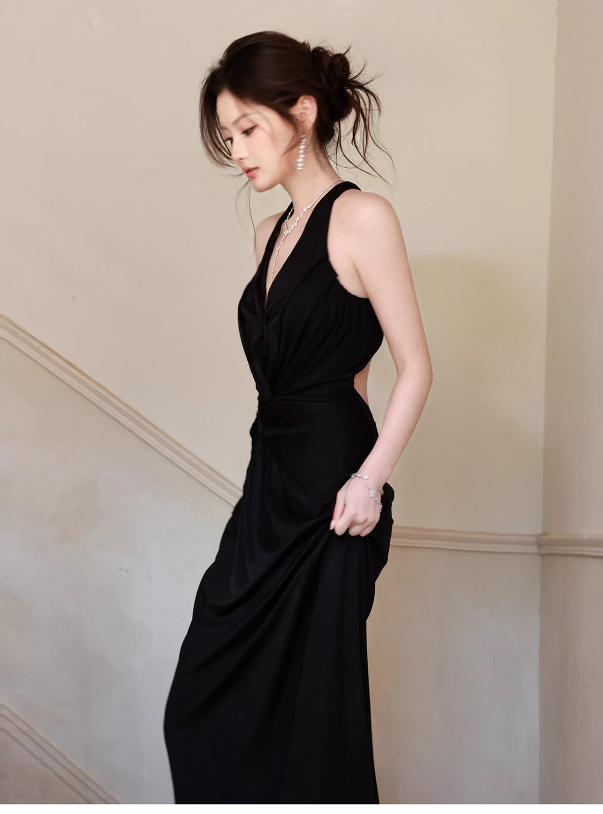 Sexy Black Neck Satin Mermaid Evening Dress Backless Long Wedding Guest Dress SP1538
