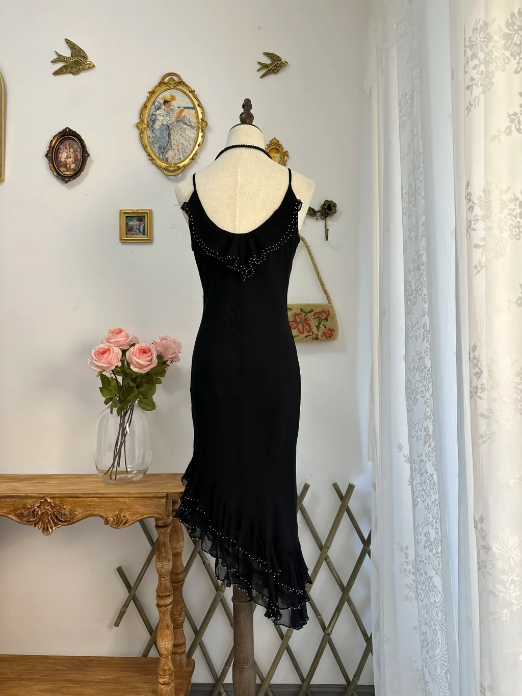 Classy Black Chiffon Beaded Appliques Long Party Gown Formal Evening Dress