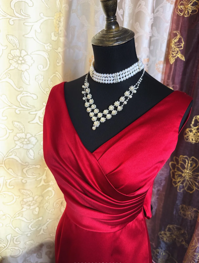 Classy Burgundy V Neck Satin Pleated Mermaid Party Dress Backless Long Birthday Prom Dress SP1949