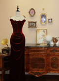 Pretty Spaghetti Straps Burgundy Velvet Mermaid Long Party Dress Birthday Prom Gown With Florals SP1882