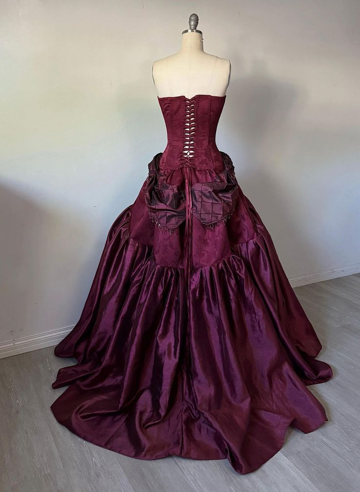 Gorgeous Strapless Ball Gown Burgundy Satin Beaded Long Evening Dress Party Gown