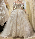 Charming Off The Shoulder White Satin Beaded Long Wedding Dress Bridal Gowns With Gloves