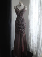 Shiny Spaghetti Straps Purple Satin Sequin Pleated Mermaid Slit Long Evening Dress Birthday Party Gown