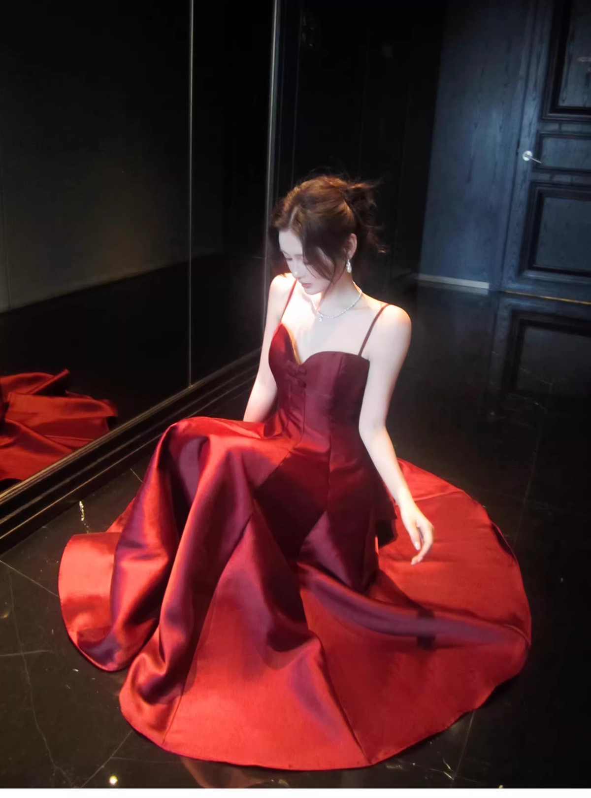Elegant Burgundy Spaghetti Straps Satin A Line Long Party Dress Formal Wedding Guest Dress SP1493