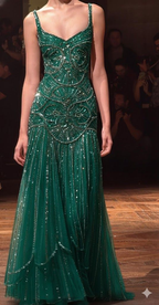 Gorgeous Spaghetti Straps Tulle Beaded Mermaid Long Party Dress Evening Gown
