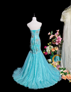 Charming Strapless Blue Tulle Appliques Beaded Mermaid Party Dress Long Birthday Evening Gown