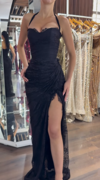Sexy Black Halter Lace Mermaid Slit Long Evening Dress Party Gown