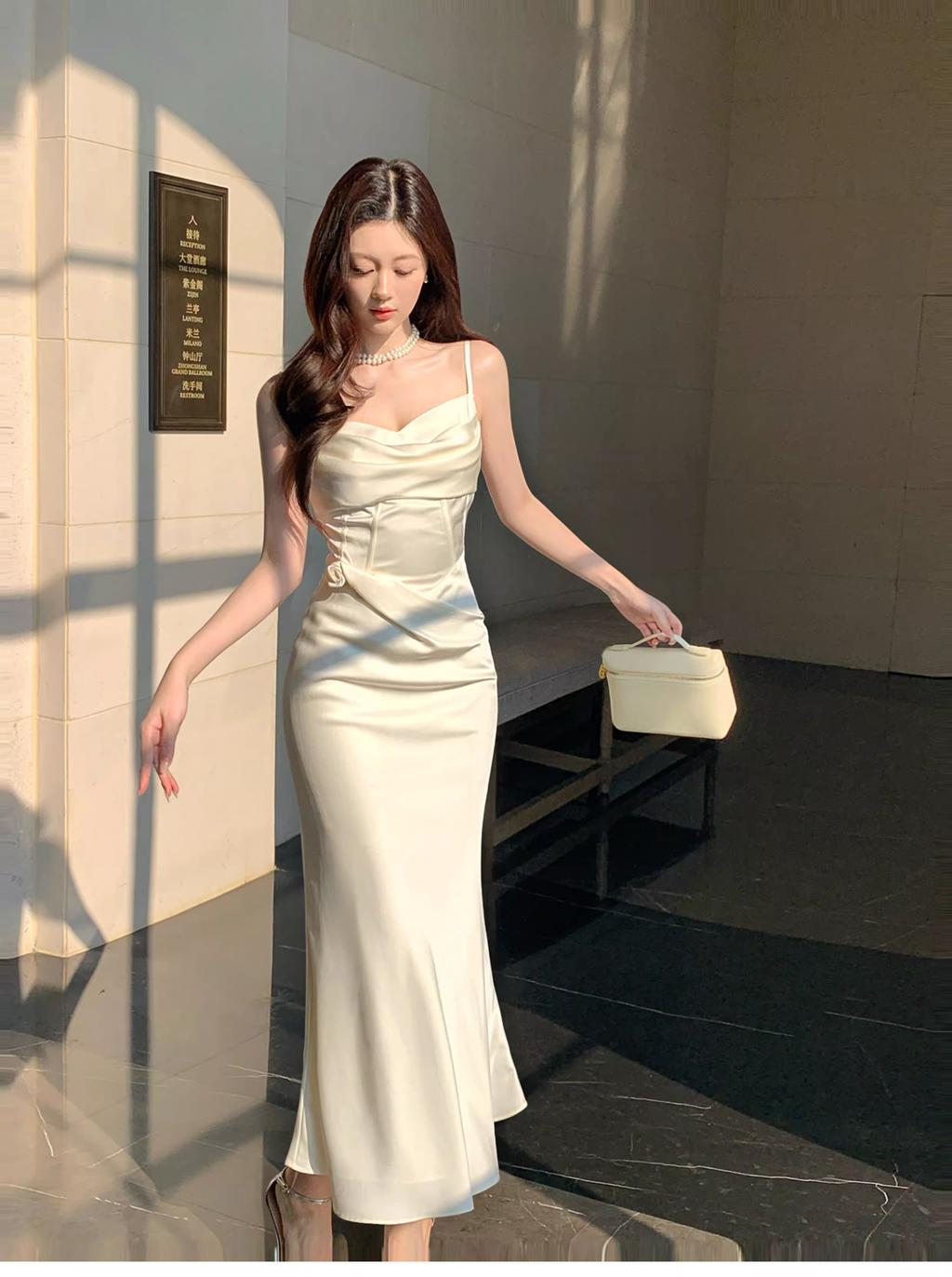 Classy Spaghetti Straps Satin Mermaid Long Wedding Guest Dress Light Apricot Party Dress SP1498