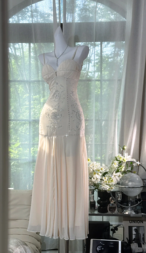 Classy Spaghetti Straps Ivory Chiffon Sequin Beaded Mermaid Party Dress Evening Gown