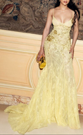 Charming Spaghetti Straps Lace Mermaid Yellow Long Party Dress Evening Gown