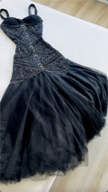Vintage Navy Blue Spaghetti Straps Tulle Beaded Mermaid Long Evening Dress Party Gown