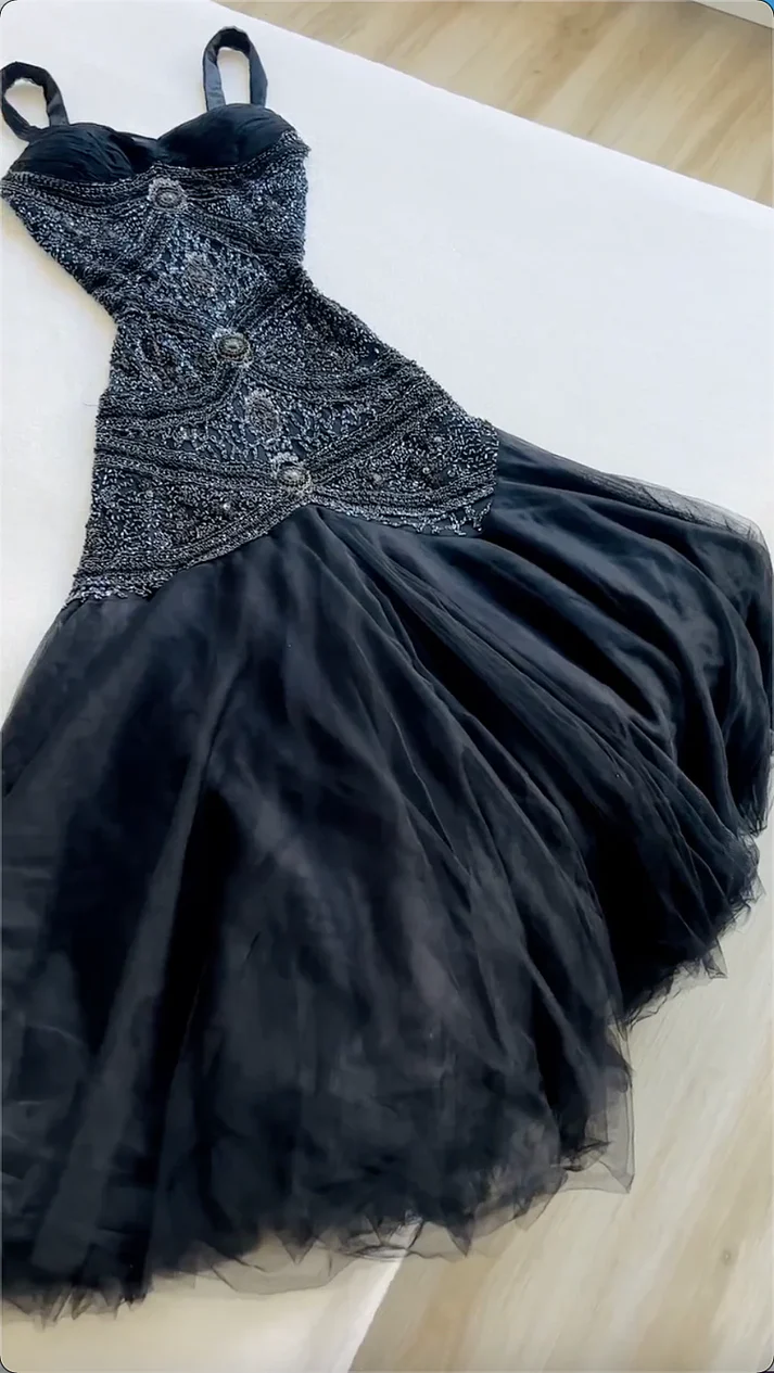 Vintage Navy Blue Spaghetti Straps Tulle Beaded Mermaid Long Evening Dress Party Gown