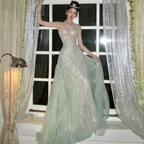Gorgeous Strapless A Line Birthday Party Dress,Light Green Tulle Sequins Evening Dress Y8713