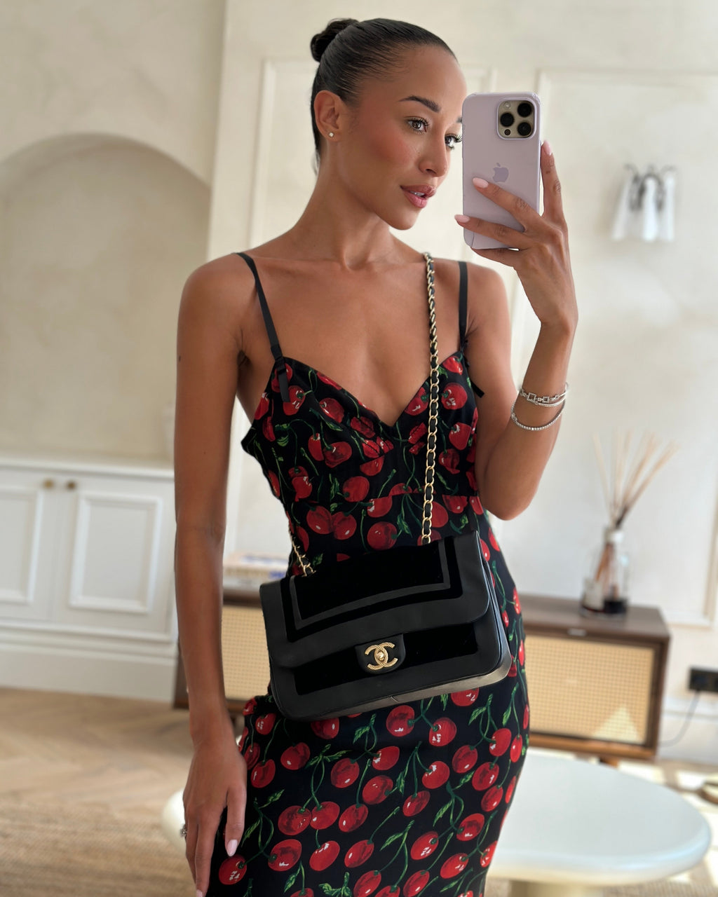 Chanel Black Medium Flap Bag in Lambskin Leather and Velvet with Rope CC Logo Detail