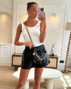 *RARE* Chanel Mini 22 Bag in Black Shiny Calfskin with Gold Hardware and Pearls CC Chain Detail