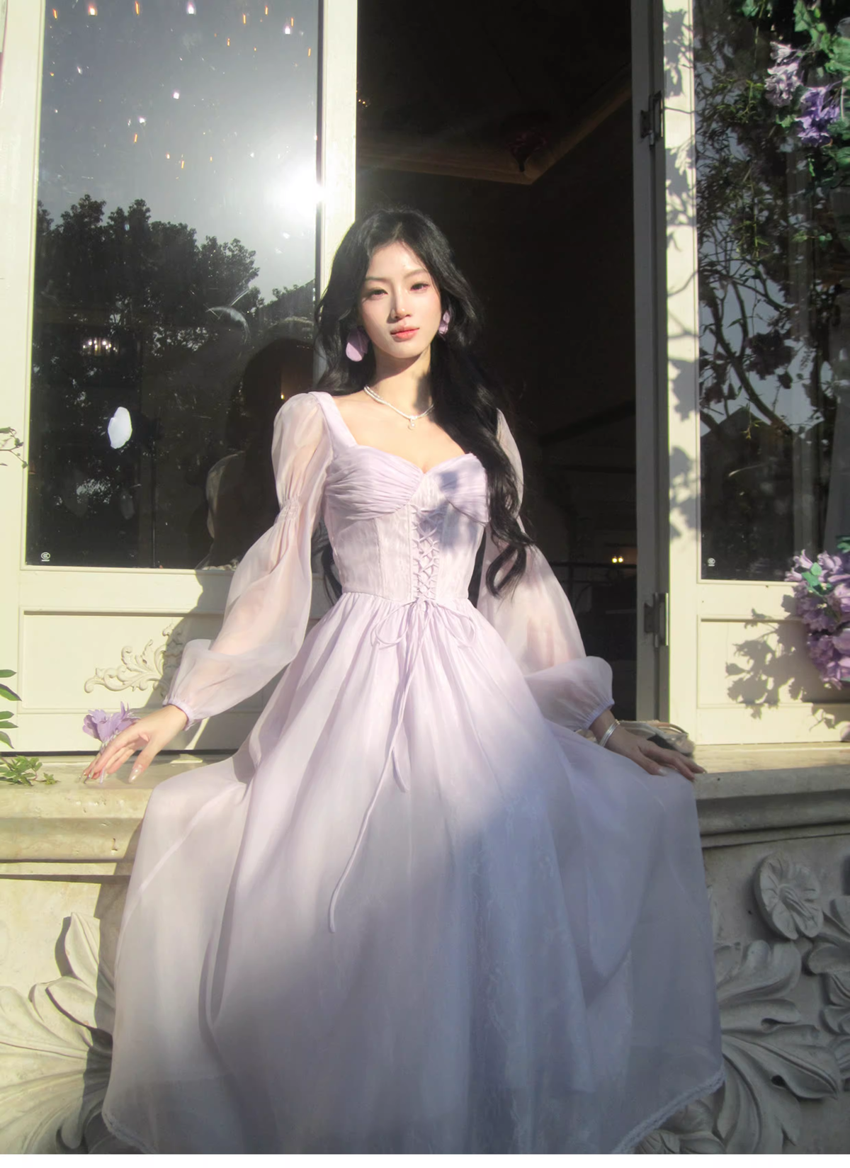 Sweet Lavender Tulle Lace A Line Long Party Dress Birthday Prom Dresses SP1500