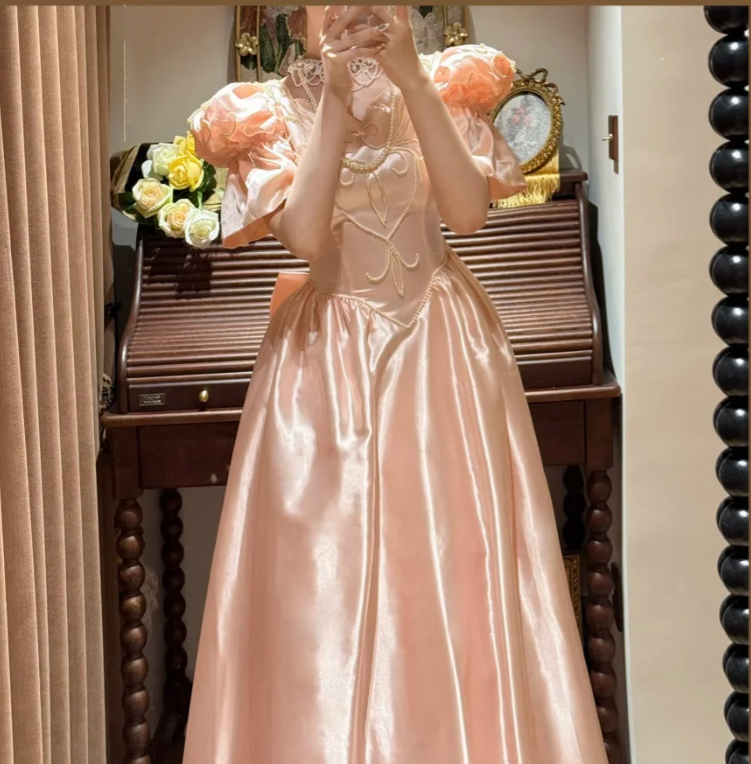 Cute Pink Ball Gown Satin Beaded Long Party Dress Prom Gown With Bow