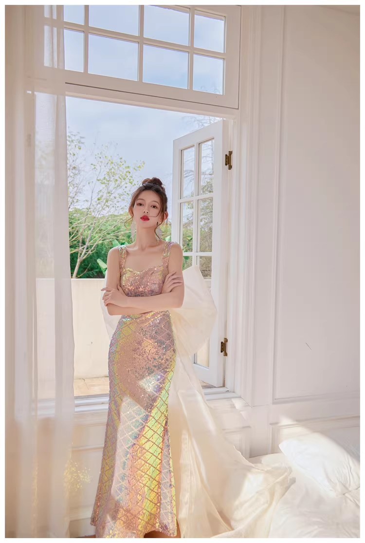Glitter Spaghetti Straps Sequin Mermaid Long Party Dress Evening Gown With Bow