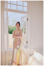 Glitter Spaghetti Straps Sequin Mermaid Long Party Dress Evening Gown With Bow