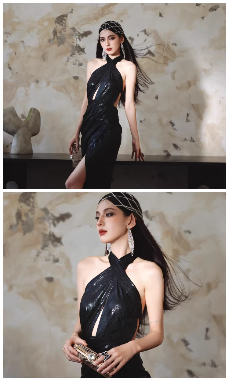 Sexy Black Halter High Slit Sheath Long Evening Dress Backless Prom Gowns