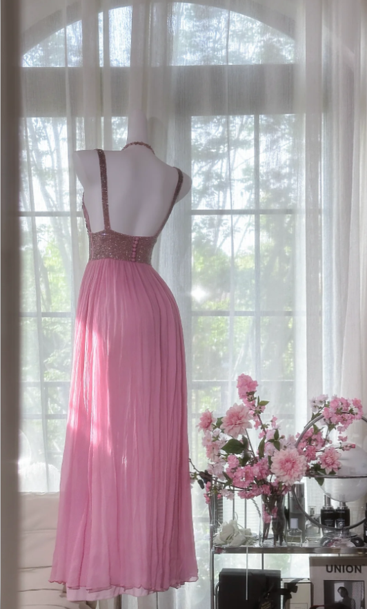 Classy Pink V Neck Chiffon Sequin A Line Long Party Dress Backless Birthday Prom Gown