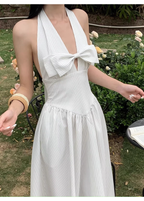 Cute Halter A-Line Black White Striped Butterfly Bow V-Neck Long Evening Dress Birthday Party Gown