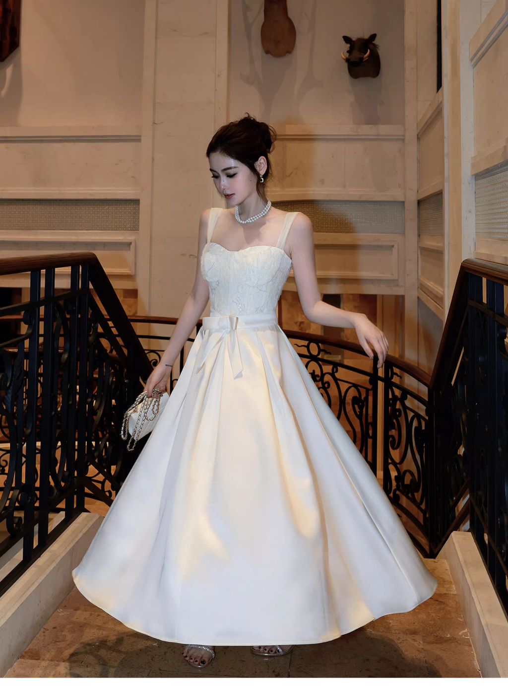 Pretty Bow Satin Lace A Line Long Evening Dress White Wedding Guest Dress SP1540