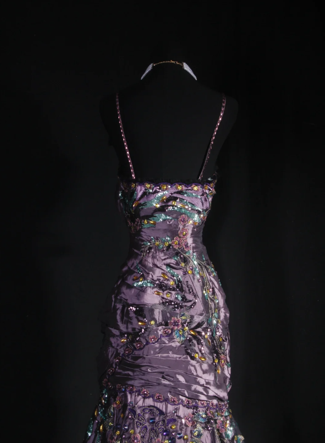 Charming Spaghetti Straps Satin Sequin Beaded Mermaid Evening Dress Purple Long Party Dress Prom Gown